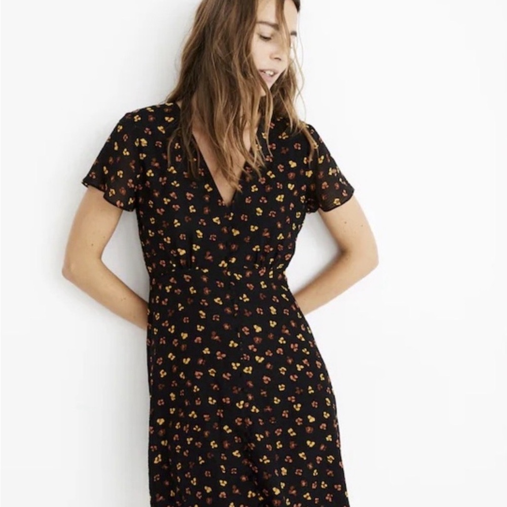 Madewell Black Feline Floral Silk Short Sleeve Button-Front Swing Dress Size 6